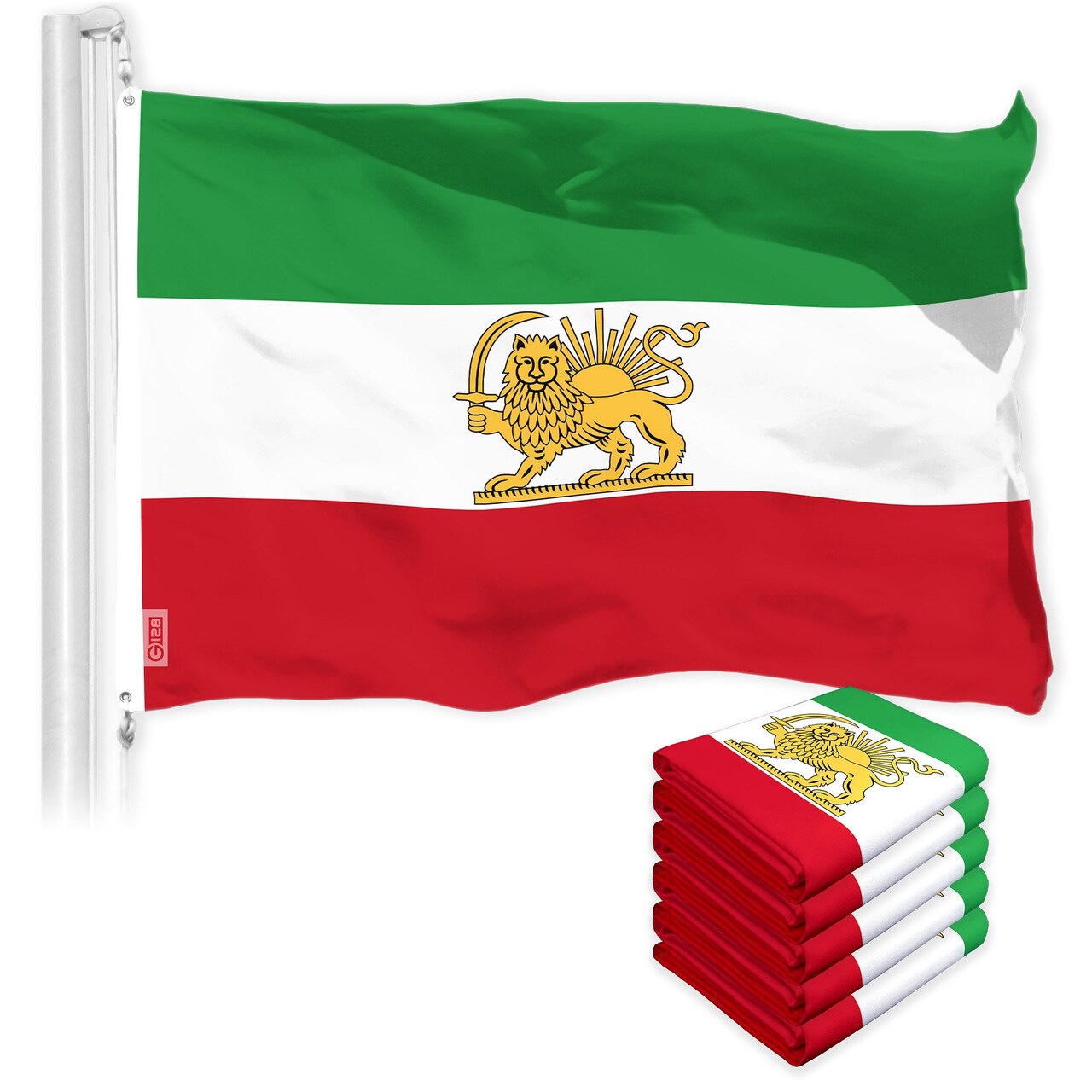 G128 5 Pack: Iran Lion Iranian Lion Flag | 3x5 Ft | LiteWeave Pro Printed 150D Polyester | Country Flag, Indoor/Outdoor, Vibrant Colors, Brass Grommets, Thicker and More Durable Than 100D 75D Poly